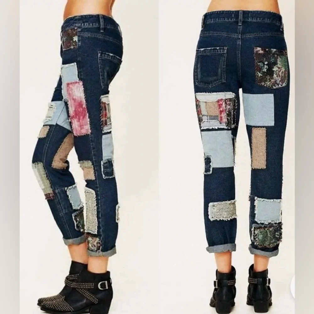 FREE PEOPLE Patched patchwork slim slouch jeans size 30 - Picture 2 of 8